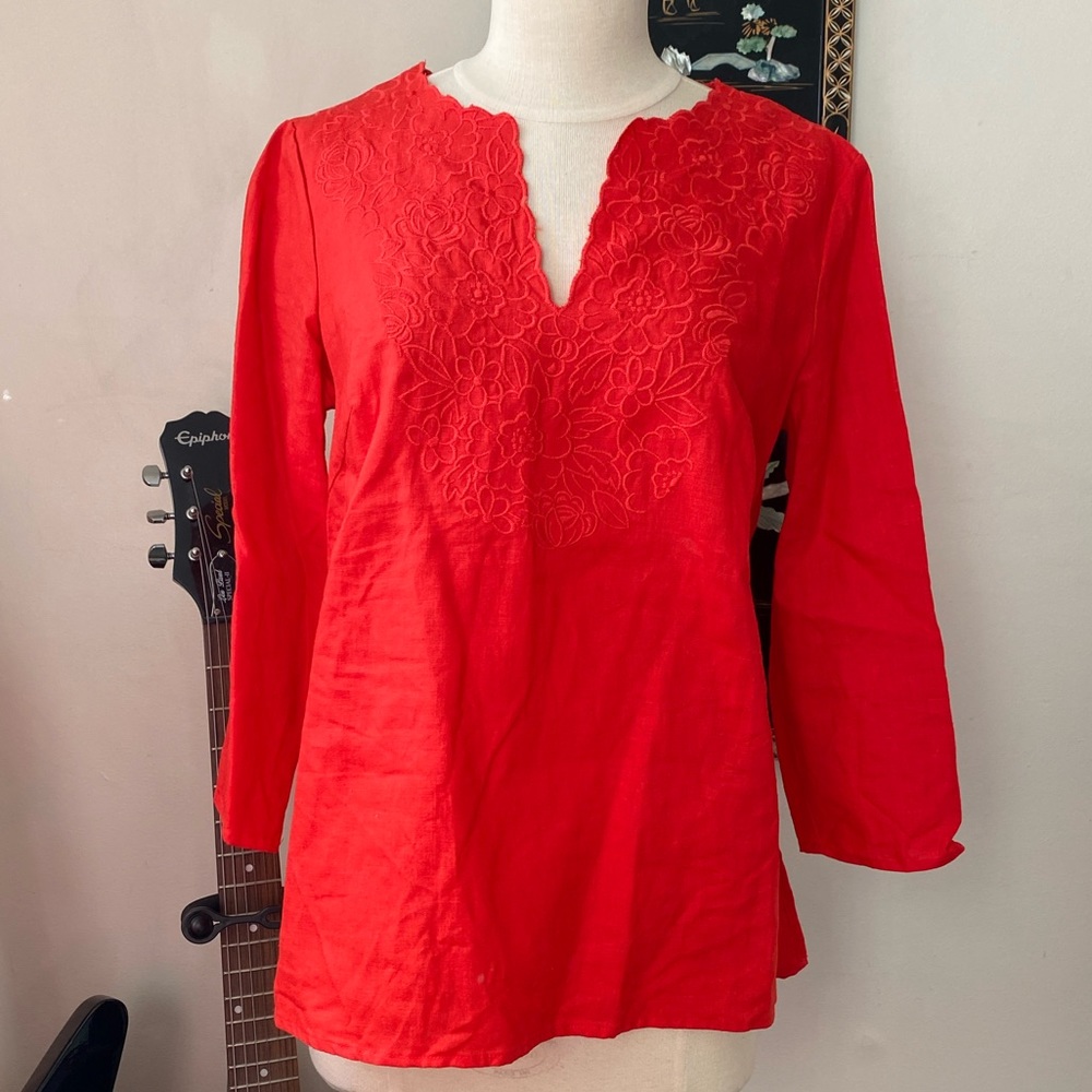 Susan Bristol Red Embroidered V-Neck Tunic